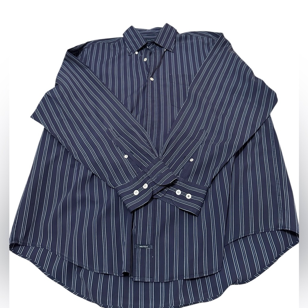 Nautica Men's Dark Blue Striped Dress Shirt